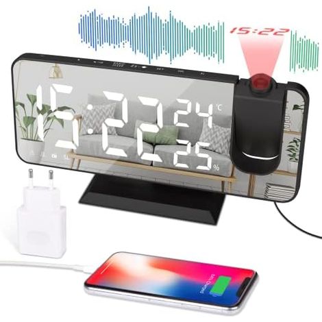 FM Radio Ceiling Projection Alarm Clock - Children's Electronic Alarm Clock Mirror Screen Dual Alarms Temperature and Humidity Display 4 Brightness Levels with AC Outlet-Black (1/5)