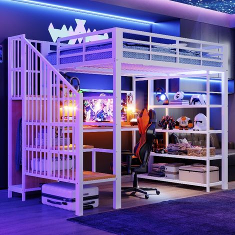 Multifunktionsbett Eisen-Hochbett 140x200 cm mit Schreibtisch und Stauraum-Treppe, Metallbett inkl. LED-Beleuchtung, Steckdose und Lochwand, Weiß (1/5)