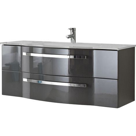 Badezimmer Waschtisch FES-4005-66 Hochglanz Lack Quarzgrau, inkl. Glaswaschbecken weiß - B/H/T: 117/49,7/49,1cm (1/5)