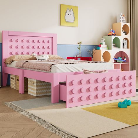 REDOM Lit simple 90x190 cm design bloc tiroir grand rangement bois sécurité bds chanfreinés rose (Sans matelas) (1/5)