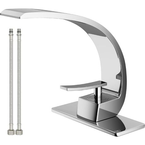 Robinet de salle de bain moderne, monotrou avec 1 poignée, robinet en laiton massif chromé, robinet de montage de robinet incurvé (1/5)