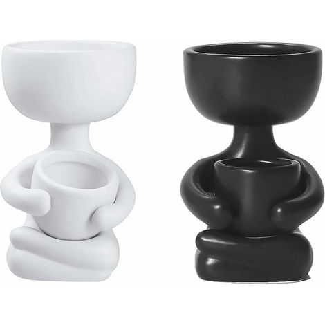 Ceramic Succulent Planters Creative Cute Decoration Pots Shaped Human Head / Small Mini Desktop Decoration Ceramic Succulent Pots For Planting Succulents Home Decoration, White Black Group A (1/4)