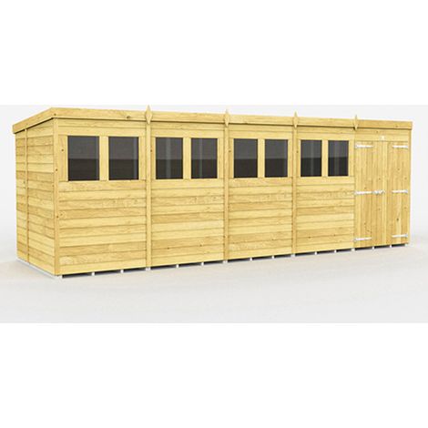 20 x 7 Feet Pent Shed - Double Door With Windows - Wood - L214 x W589 x H201 cm