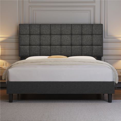 Yaheetech Struttura Letto con Testiera Imbottita Supporto di Doghe in Legno Testiera Quadrata Altezza Regolabile Moderno Scuro Grigio 160 x 200 cm