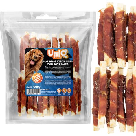 Friandises à base de viande Uniq Pets pour chiens, 500 g de lanières de poisson au canard (1/5)