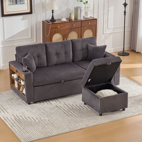 Canapé convertible, Canapé droit avec rangements ouverts et dissimulés, port USB-C, 2 porte-gobelets, velours côtelé, Gris foncé (1/5)