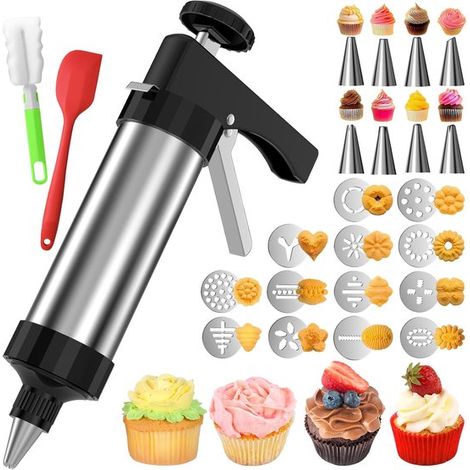Set per biscotti con pressa in acciaio inox, composto da 13 stampini e 8 beccucci per decorare - Ideale per biscotti spritz e decorati - Set completo per la pasticceria (1/5)