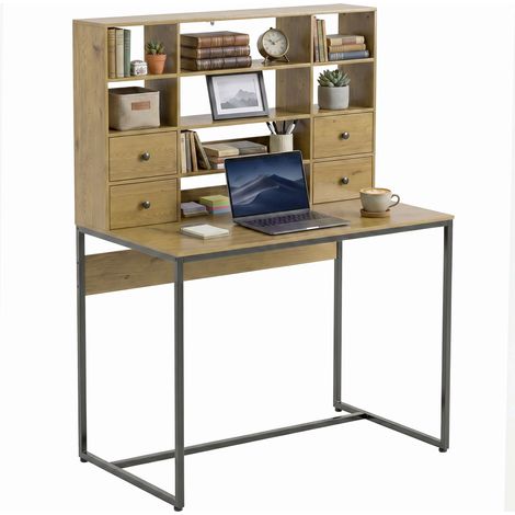 Computertisch mit 4 Schubladen und Regalen, Schreibtisch 105 cm, Naturholz (1/5)