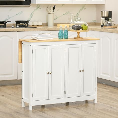 Carrello da cucina con isola, 2 sgabelli, piano di lavoro ribaltabile, 2 armadietti con 4 ante, design moderno, bianco.