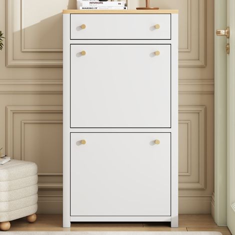Meuble à chaussures rabattable moderne avec un tiroir, deux trappes, étagères modulables poignées métalliques blanc imitation bois 50 × 24 × 95 cm pour vestibule (1/4)