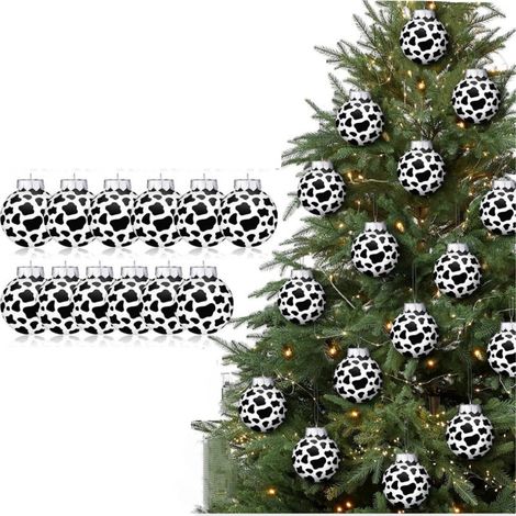 Lot de 12 boules de Noël imprimées vache, 6 cm de diamètre, style western, noires et marron, pour une décoration rustique et champêtre
