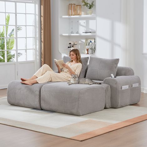 Canapé modulaire en velours côtelé pour 2 personnes (avec 2 poufs), à combiner librement, avec porte-gobelet et poche de rangement latérale, idéal pour le salon, la salle familiale et d'autres pièces,