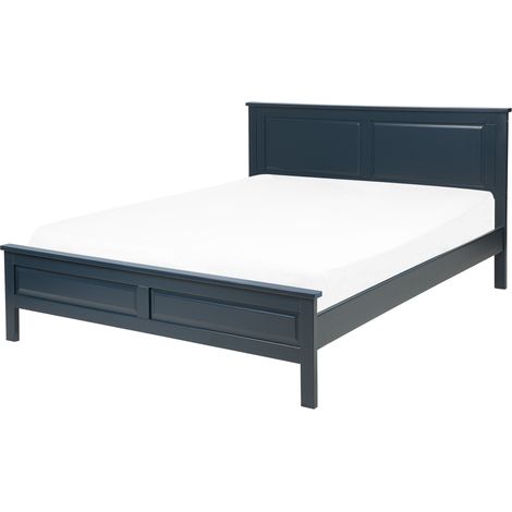 Cama doble de madera azul oscuro con somier cabecero alto 140 x 200 cm diseño escandinavo minimalista Olivet
