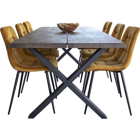 Tony Salle à manger, 1 table à manger et 6 chaises, jaune et chêne. (1/5)