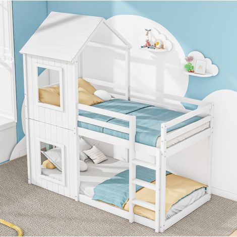 Letto a Castello 90x200 cm in Pino Massello con Scala e Baldacchino per Bambini (1/5)