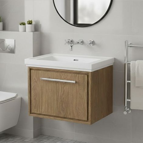 Hudson Reed Lille Wall Hung 1-Drawer Vanity Unit with 0TH Classique Basin 600mm Wide - Antique Oak (1/5)