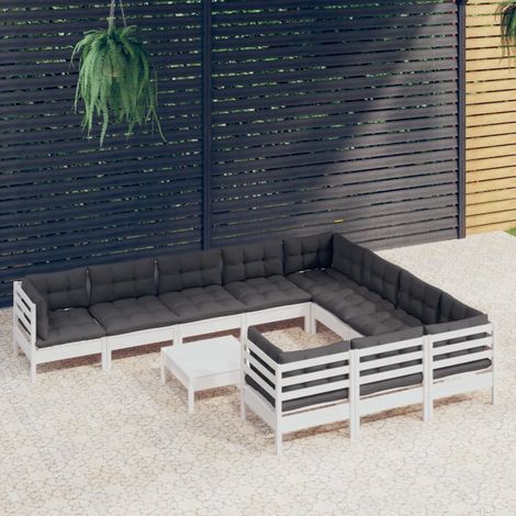 11-tlg. Garten-Lounge-Set mit Kissen Weiß Kiefernholz (1/5)