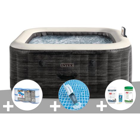 Kit spa gonflable Intex PureSpa Ardoise carré Bulles 6 places + 6 filtres + Aspirateur + Kit de traitement brome