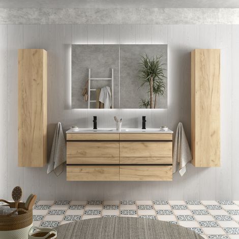 Meuble de salle de bain BORN 120cm Chêne Vasque Porcelaine (1/4)