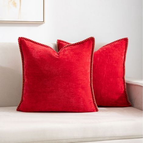 Set aus 2 dekorativen Kissenbezügen, 45 x 45 cm, aus weichem Chenille mit gesteppten Kanten, neutraler Landhausstil, für Bett, Sofa oder Wohnzimmer, rot (1/5)