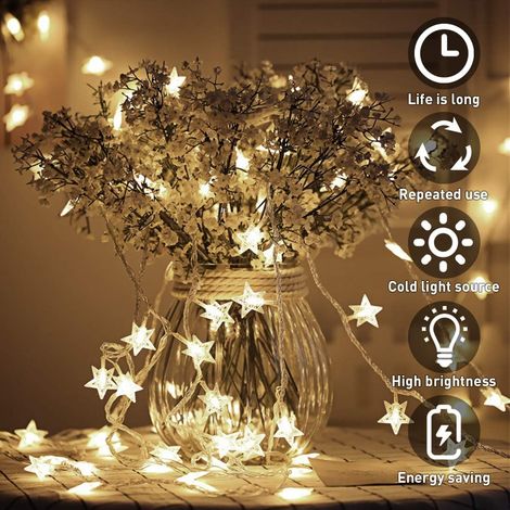 Guirlande Lumineuse Étoile, 50 Led Rideau Lumineux, 5m Décoratives Fée Lumières Intérieure Et Extérieure 2 Modes D'eclairage Pour Chambre Enfant, Jardin, Anniversaire, Mariage, Noël, Blanc Chaud