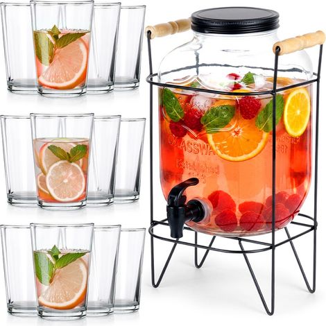 Distributeur de boissons avec robinet - 5,5 l - 12 verres 200ml - noir mat - support métallique (1/5)