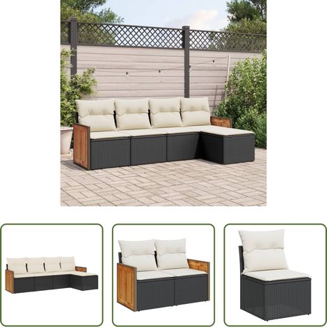 Canapé jardin -  Salon de jardin 5 pcs avec coussins noir résine tressée (1/5)