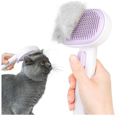 Cepillo autolimpiante para gatos y perros, diseño de un solo toque, elimina eficazmente hasta el 95% del pelo suelto (morado). (1/5)