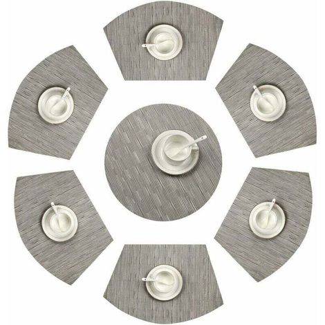 Lot de 7 Set de Table en Forme de Coin 1 Rond Central en Vinyle Lavable résistant à la Chaleur Tapis de Table(Gris argenté)-Fei Yu