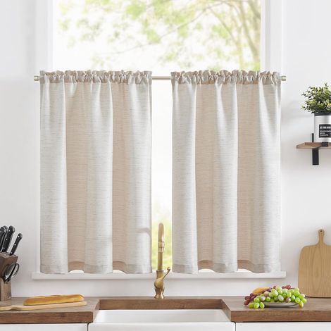 Petit Rideau Cuisine Occultant Court Passe Tringle 90Lx90H cm,Beige (1/5)
