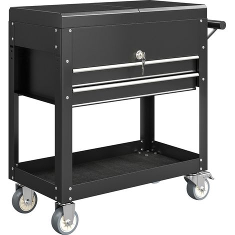 Chariot à outils roulant verrouillable avec 2 tiroirs, plateau extensible, poignée, roulettes freinées et structure en acier noir pour garage et atelier - CHICFURN (1/5)