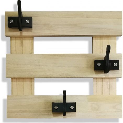 PORTE-MANTEAU en bois avec crochets décalés en PVC noir - Dimensions : 50x45 cm