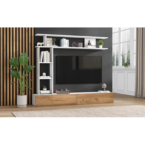 Ensemble mural TV 180x35x22,5cm avec vitrines, meuble TV, étagère au sol et étagère murale, mobilier salon pour téléviseur jusqu'à 80 pouces, blanc et bois, support TV debout et suspendu (1/5)