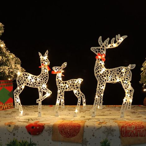 SJLERST Ensemble Familial de Cerfs de Noël éclairés 3 Pièces, Noël élégante avec nœud rouge pour Décoration de Table pour Extérieur (1/5)
