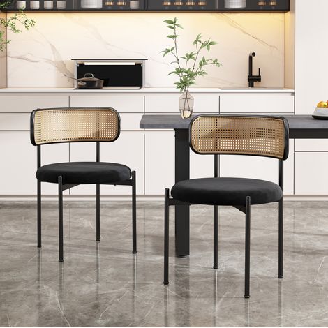 Samt-Esszimmerstuhl,2er set, moderner, einfacher Freizeitstuhl mit vier Stützbeinen aus Metall, Rattan-Freizeitstuhl, Wohnzimmer- und Schlafzimmerstuhl, Schwarz (1/5)