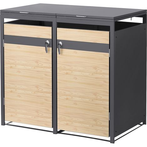 ML-Design Mülltonnenbox 2er 240L, Mülltonnenverkleidung für 2 Mülltonnen, Müllbox wetterfest, Mülltonnenhaus aus Stahl, Müllcontainer mit Deckel, abschließbare Tür, 132x80x120 cm, Anthrazit-Holzoptik (1/5)