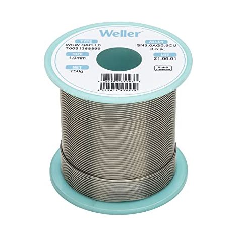 Weller WSW SAC L0 (T0051388899) Filo Saldante, Ø 1.0mm, 250g, Lega Sn96.5Ag3.0Cu0.5, Contenuto di Fondente 3,5% (1/4)
