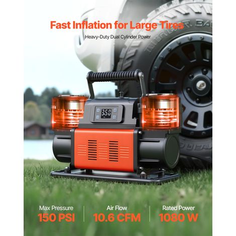 Gonfleur Pneus Voiture 12 V Compresseur à Air Portatif Double Cylindre 300 L/min 1080 W Arrêt Auto avec Écran LCD, Adaptateur, Pomp… (1/5)