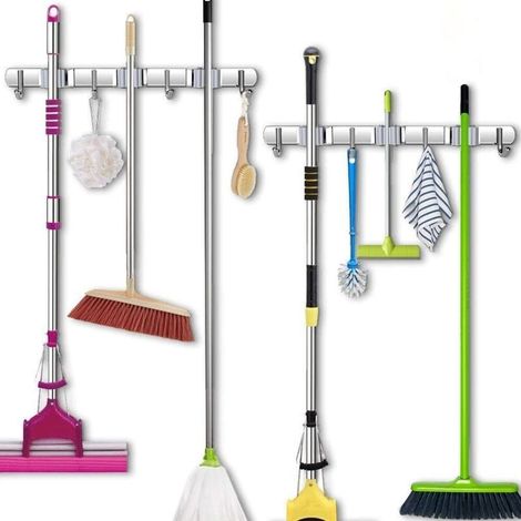 Porte Balai Mural Mur Mop Monté Et Broom Holder, Broom Organiseur Balai Support en Acier Inoxydable à 3 Pinces et 4 Crochets Balai Gris Pour Cuisine Salle de Bains Jardin et Bureau 2 PCS