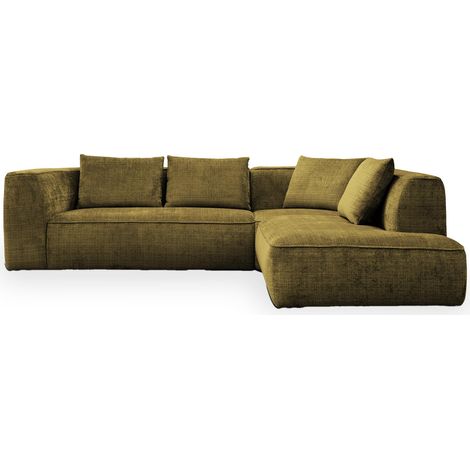 Mobilier Deco – Canapé d'angle en tissu vert – Angle droit – Large assise moelleuse – Dossier rembourré – Dimensions L285xP250xH72 cm