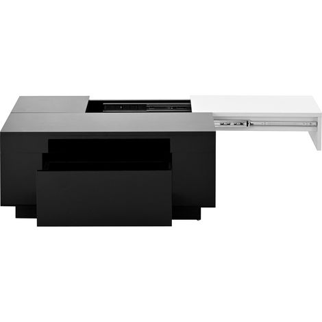 Mesita de centro negra y blanca brillante con LED, plano extensible y vano contenedor oculto, MDF (1/5)