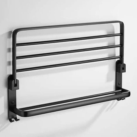 No-Drill Towel Rack - Black - Bathroom Towel Holder - Wall Mounted - with Towel Hooks, 40x23x18CM - Black (1/5)