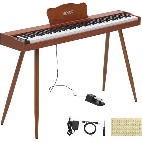 Piano Numérique 88 Touches Semi-lestées Clavier Électronique Support pour Débutant, 600 Sonorités et Rythmes, Format Standard, avec Haut-parleur Stéréo, Pédale, Prise Casque, USB/MIDI, Marron (1/5)