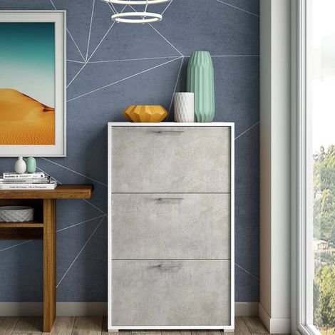 Dmora Scarpiera Iris, Mobile multiuso da ingresso con 3 ante a ribalta, Armadietto portascarpe moderno, 100% Made in Italy, Cm 67x18h112, Bianco e Cemento, con imballo rinforzato (1/4)