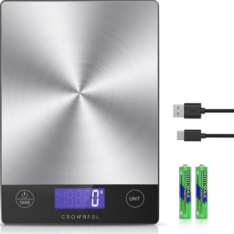 Balance de cuisine rechargeable 15 kg, poids en grammes et onces pâtisserie et cuisine, chargement C, écran LCD, acier inoxydable 304 (1/5)