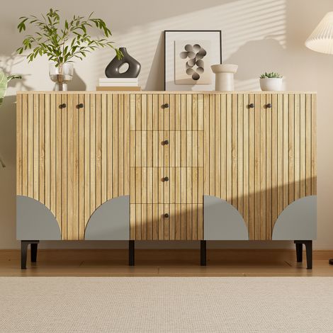 Buffet moderne en bois 160 x 36 x 94 cm - 4 portes et 4 tiroirs - Finition bois - Panneaux de particules - Naturel