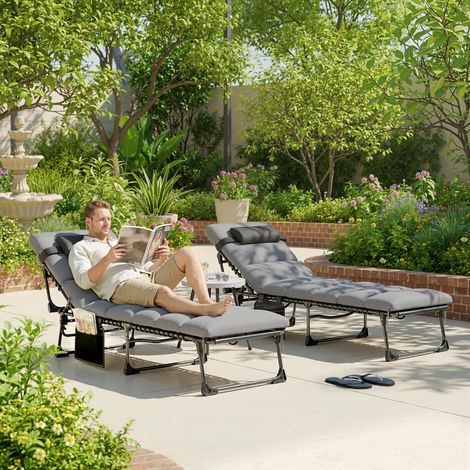 Lot de 2 Bain de Soleil Chaise Longue Jardin avec Matelas 9cm Pliable Dossier Réglable 5 Positions Appui-tête 200cm Gris