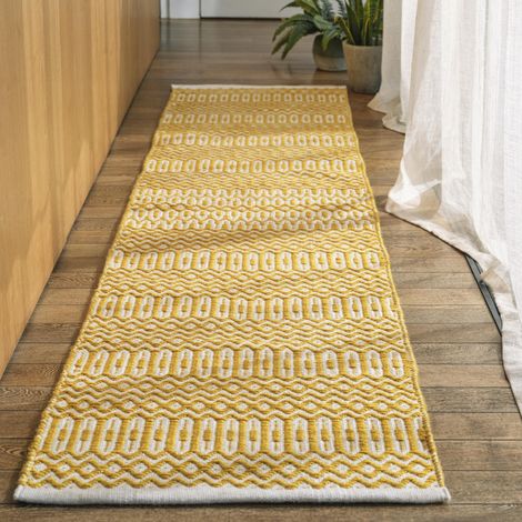 Halsey Hand Made Geometric Flatweave Kitchen Garden Indoor Outdoor Mustard Yellow Rug Floor Mat Hallway 66 x 240 cm (1'x11''x7'10'') Runner (1/4)