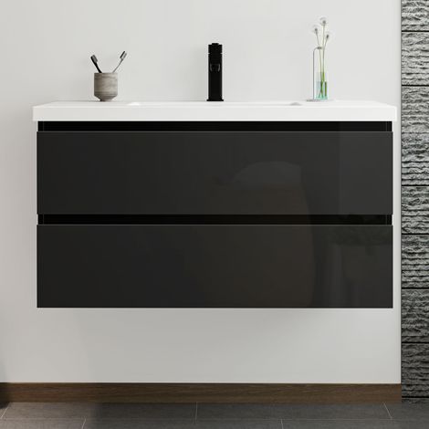 Océan Meuble salle de bain 100cm noir brillant avec 2 tiroirs à fermeture automatique et simple lavabo (1/5)