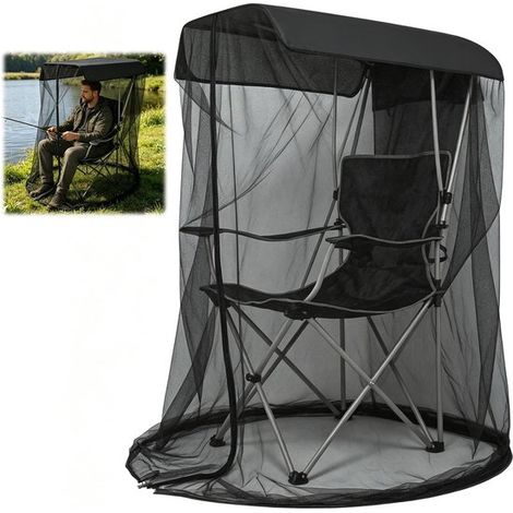 Moustiquaire (160 cm de haut) pour chaise avec pare-soleil. Toile en maille noire avec fermeture éclair et toit imperméable (89 x 81 cm) pour la pêche et le camping. (1/5)